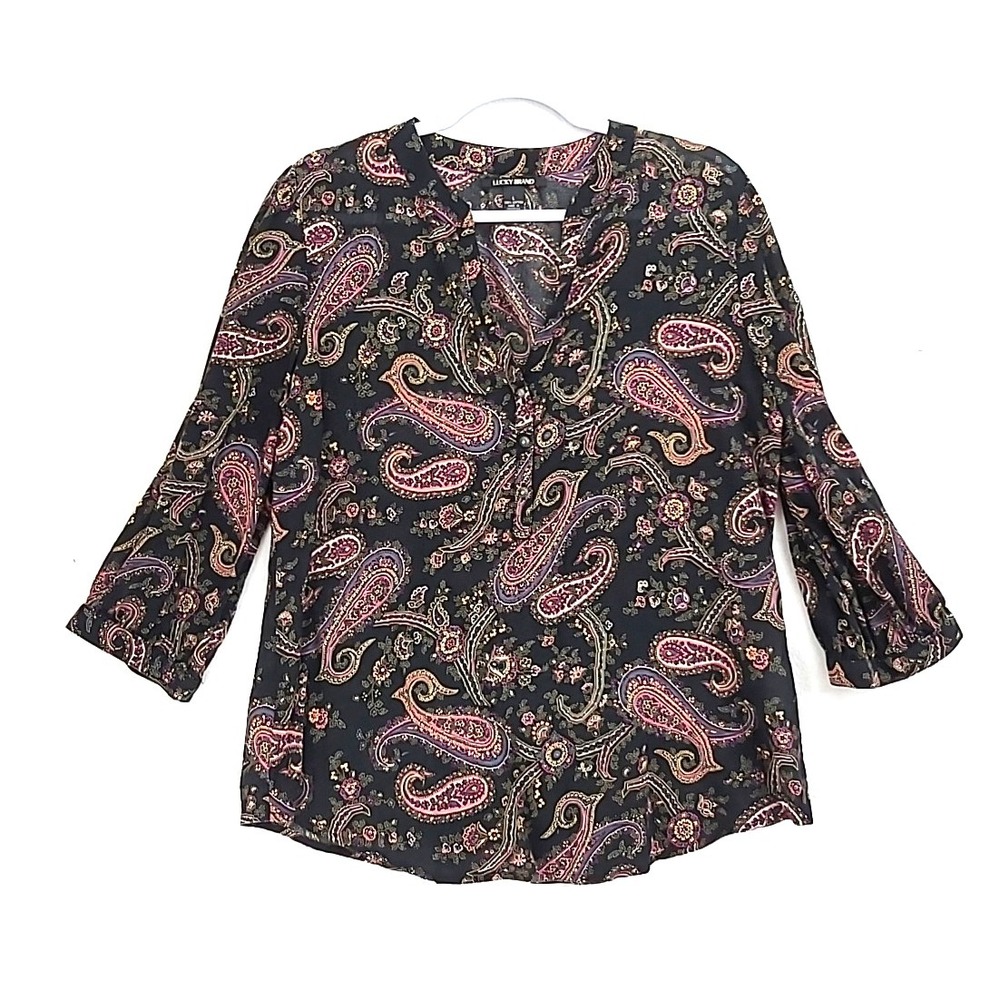 Lucky Brand Womens Tunic Top Paisley Black Sz L